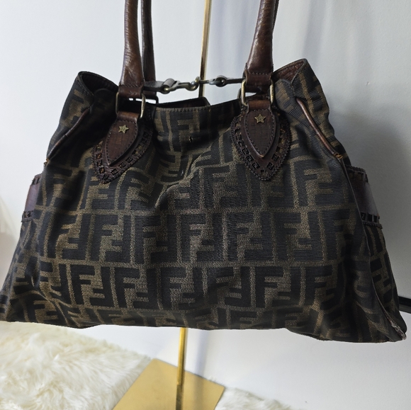 FENDI Zucca Etnico Handbag Tote Bag Nylon Canvas Leather Khaki Dark Brown - Picture 7 of 16